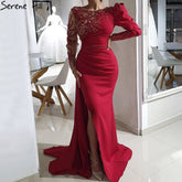 Vestido de noche rojo de sirena con abertura, 2025, satén con cuentas, elegante y sexy para mujer, fiesta LA70992