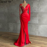 Vestido de noche musulmán rojo con corte sirena y abertura, 2025, satén con cuentas, elegante para mujer, fiesta LA71032