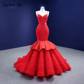 Vestidos de novia sirena con volantes rojos 2025, tirantes finos, elegantes y sexys, HM67311, hechos a medida