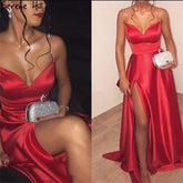 Vestido de noche rojo con tirantes finos, sexy, 2025, satén suave, corte A, abertura alta, para mujer, fiesta, LA71208