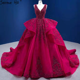 Vestidos de novia de lujo con volantes en rojo rosa 2025, escote en V y cuentas, HM67376, hechos a medida