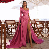 Vestido de noche sexy de satén rosa, sencillo, con un hombro al descubierto, corte A, abertura alta, para mujer, fiesta, LA70876