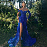 Vestido de noche sirena azul real 2025, elegante, de lujo, con cuentas y abertura alta, para mujer, vestido de fiesta LA71425