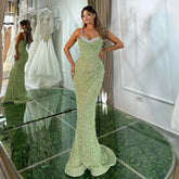 Vestido de noche de lujo estilo sirena verde salvia con un solo hombro y cuentas de cristal, estilo Dubái, para mujer, fiesta 2025, LA72419