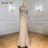 Elegante vestido de noche de lujo color nude plateado, corte sirena, con borlas y cuentas, para mujer, fiesta, LA71295