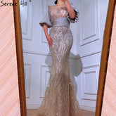 Vestido de noche de sirena de lujo color nude plateado con cuentas y mangas abullonadas, elegante para mujer para fiesta LA70809