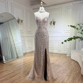 Vestido de noche de sirena color nude plateado con tirantes finos y cuentas, para mujer, para fiesta de graduación 2025 LA72047B