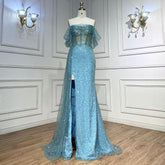 Elegante vestido de noche con sobrefalda de sirena turquesa, con cuentas, para mujer, para fiesta de boda, LA71945