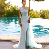 Vestido de noche de sirena turquesa, sexy, con abertura alta y falda con plumas y cuentas, para mujer, 2025, para fiesta, LA71955