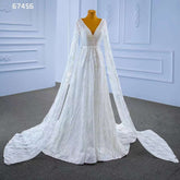 Vestido de novia blanco con mangas estilo capa, encaje de lujo, cuentas, cuello en V, encaje, alta gama, hecho a medida, HM67456, 2025
