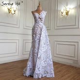 Vestido de noche con sobrefalda de sirena blanca, elegante, de encaje y plumas, para mujer, para fiesta, LA71143