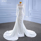 Vestido de novia de satén blanco de sirena, mangas largas, encaje con cuentas y cordones, 2025, alta gama, hecho a medida, HM67457