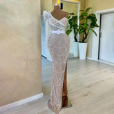 Vestido de noche de lujo con escote sirena, un hombro, abertura alta y cuentas, color blanco nude, para mujer, para boda, fiesta, 2025, LA72269