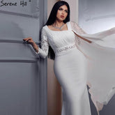 Vestidos de noche de satén blanco con mangas tipo capa, elegantes y sexys, estilo sirena, para mujer, para fiestas, LA70712