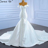Vestido de novia sirena de satén blanco, elegante, con cuentas de perlas, sexy, 2025 HM67285