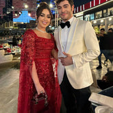 Vestidos de noche estilo sirena color vino tinto 2025 con mangas estilo capa con cuentas para bodas de mujer LA72355