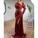Vestido de noche de satén con abertura alta y corte sirena color vino tinto 2025, elegante, cuello redondo, para mujer, fiesta LA71285A