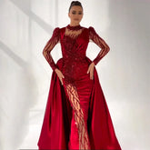 Vestidos de noche de satén con cuentas y encaje de sirena color vino tinto de lujo, vestidos formales de Dubái 2025 para mujer, fiesta de bodas LA72202