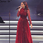 Vestidos de noche musulmanes de lujo color vino tinto 2025, corte A, con cuentas brillantes, para mujer, fiesta LA70991