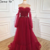 Vestido de noche rojo vino, sencillo y sexy, con mangas largas abullonadas y cordones, para mujer, vestido de fiesta HA2443