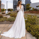 Robe de mariée sexy en mousseline de soie, col en V profond, manches longues, robe de cérémonie bohème