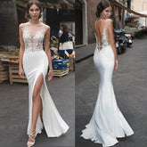 Sexy Mermaid Wedding Dress 2023 Slit Beach Sheath Open Back Sheer Lace Sleeveless Vestido De Noiva Backless Wedding Gowns