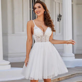 Robe de mariée courte et sexy à bretelles, avec appliques en perles, mini tulle pailleté, pour femme