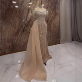 Nude Luxury Beaded Mermaid Evening Dress Gown with Overskirt LA72911