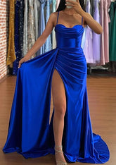 Robe de bal sirène bleu arabe 2025, bretelles spaghetti, satin soyeux, froncée, pour soirée, LA72682