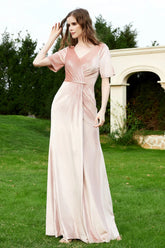 Vestido de fiesta de manga corta con escote en V y abertura alta para dama de honor VMP181