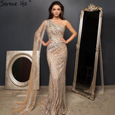 Vestidos de noche de lujo con corte sirena color nude y plateado, elegantes vestidos de noche de un solo hombro con cuentas para mujer, fiesta nocturna LA71413