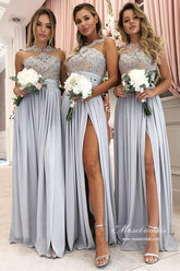 Silver Chiffon A-line Lace Appliqued Bridesmaid Dresses With Slit