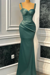 Vestido de fiesta largo de satén sin mangas con escote corazón y tirantes largos estilo sirena