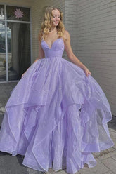 Robe de bal longue lilas simple en tulle, coupe trapèze, col en V et lacets, robe de soirée