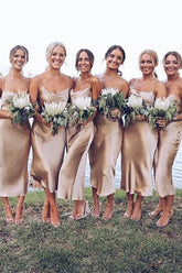 Simple Taffeta Spaghetti Straps Sheath Tea Length Bridesmaid Dresses