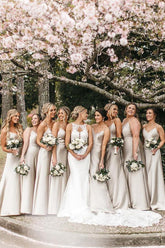 Vestidos de dama de honor largos hasta el suelo de satén de seda con elegantes tirantes finos BD091