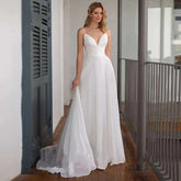 Spaghetti Straps V Neck Criss-Cross Wedding Dress Sweep Train Sleeveless Chiffon Bride Gown Robe De Mariée Beach Wedding Gown
