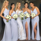 Baoleely V Neck Sleeveless Long Sky Blue Bridesmaid Dresses Spaghetti Straps