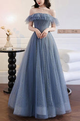 Robe de bal en tulle gris pailleté bleu, coupe trapèze, épaules dénudées, robe de soirée