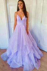 Robe de bal princesse en tulle lavande scintillant à volants, coupe trapèze, robe de soirée