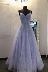 Tulle A-line V Neckline Prom Dresses, Evening Dresses