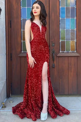 Robe de bal longue sirène à sequins rouges scintillants, décolleté en V et fente haute