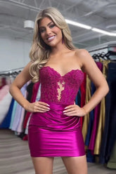 Vestido de fiesta fucsia brillante sin tirantes con apliques de cuentas PD548