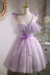 Vestido corto de fiesta de graduación estilo A, color morado dulce, con lazo PD463