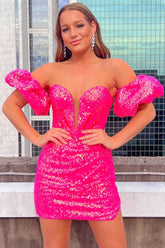 Puff Sleeves Hot Pink Homecoming Dress SYH26