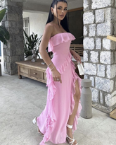 Pretty Pink Strapless Ruffle Slit Evening Dress Long Birthday Prom Dress Y8203