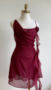 Robe de soirée courte en mousseline bordeaux, robe de bal de fin d'année Y8421
