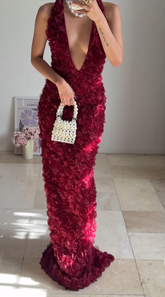 Gorgeous Deep V Burgundy Rose Flowers Sheath Long Prom Dress Evening Dress Y8504