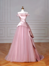 Elegant Feathers Neck Strapless Tulle Satin Ball Gown Pink A Line Prom Evening Dress Y8629
