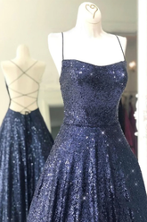 Robes de bal longues bleu marine à paillettes et dos nu, robes de soirée longues bleu marine à dos ouvert Y875